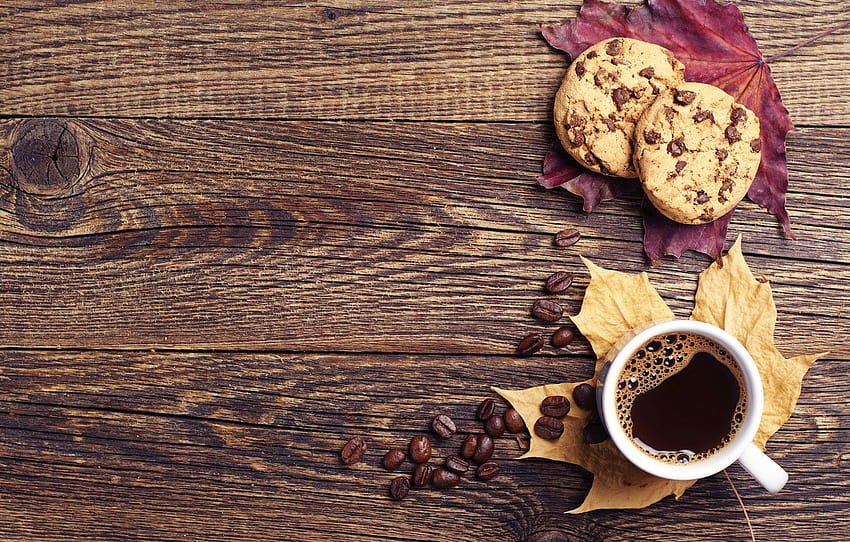 autumn, leaves, coffee, cookies, Cup, wood, autumn, leaves, book, cookies, fall, cup of coffee , section еда, autumn book HD wallpaper