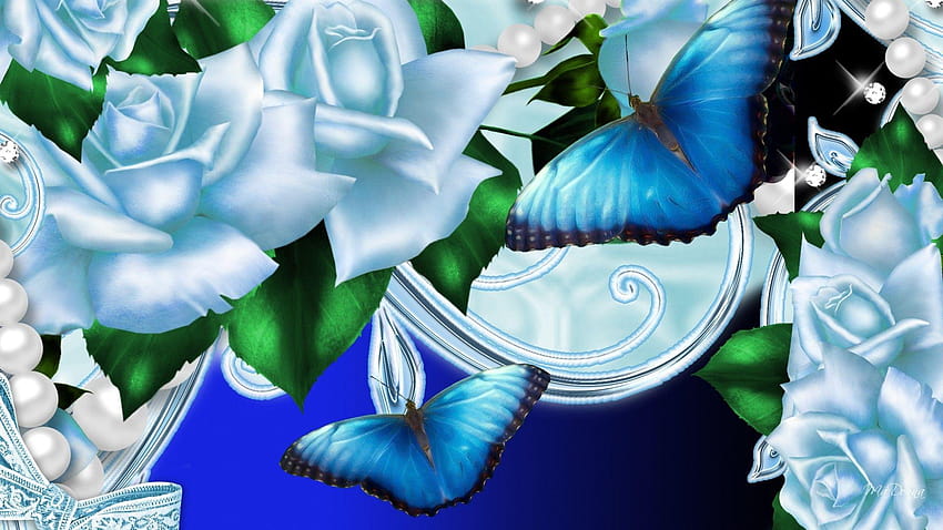 Flower: Flowers Butterfly Papillon Rose Summer Roses Ribbon Blue, roses butterfly HD wallpaper
