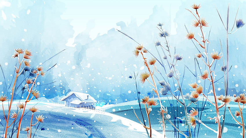 anime winter ,watercolor paint,sky,plant,flower,wildflower HD wallpaper