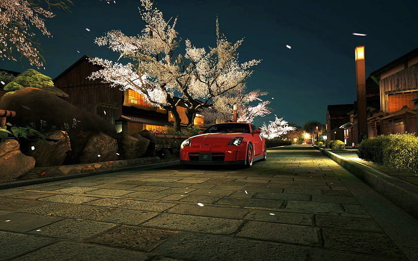 noche, farola, árboles, flor de cerezo, coche, primavera, paisaje urbano, paisaje urbano de primavera fondo de pantalla