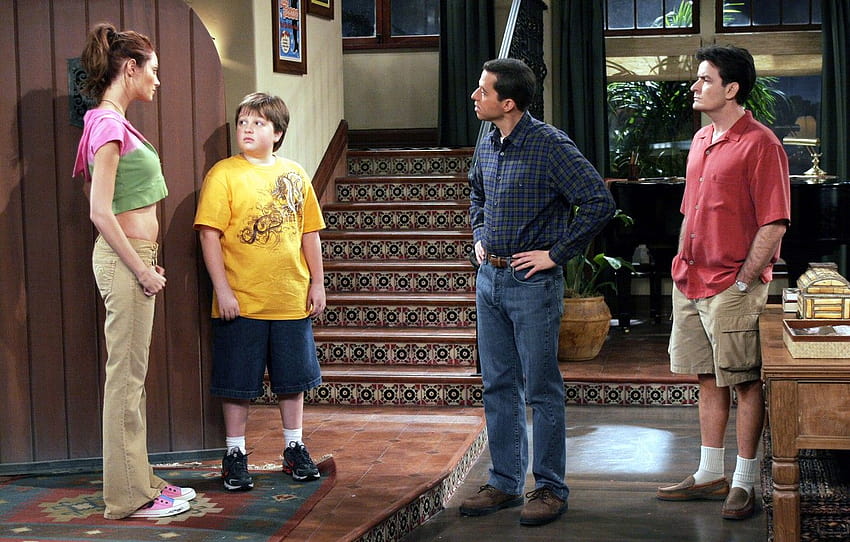 the series, actors, characters, April Bowlby, Charlie Sheen, John Cryer, Jake Harper, Charlie Harper, Alan Harper, Two and a half men, Angus T. Jones, Two and a Half Men, Candy HD wallpaper