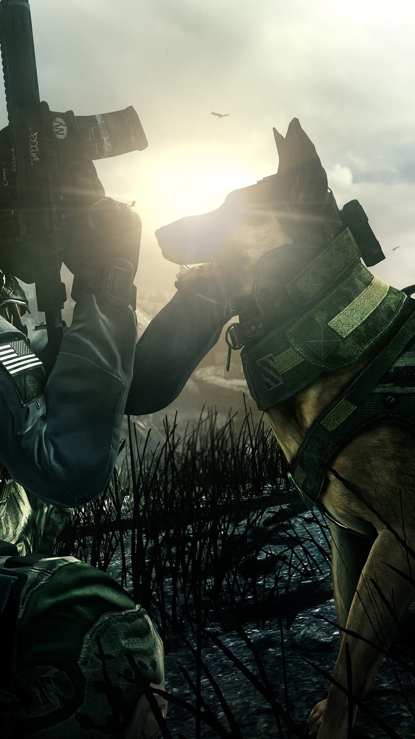 Call of Duty Ghosts, ゲーム, シューター, 兵士, 犬, ライフル, CoD, Ghosts, マルチプレイヤー, スクリーンショット, ゲーム, 陸軍犬 HD電話の壁紙