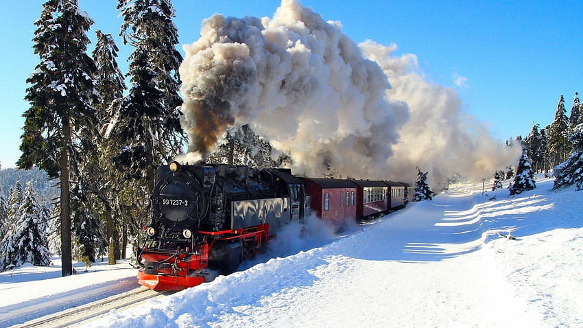 tren, Nieve, Locomotora de vapor / y Móvil, tren montañas fondo de pantalla