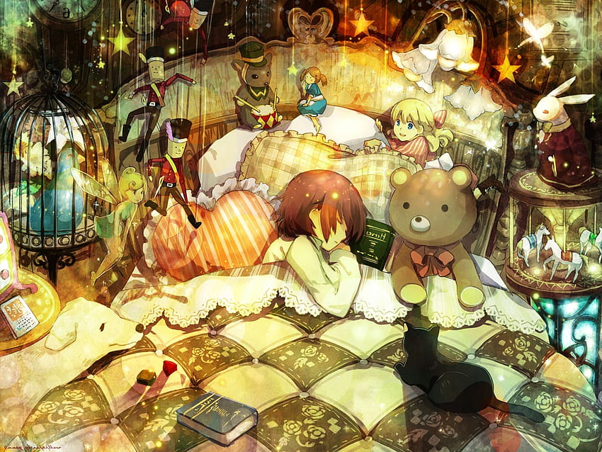 teddy Bears, Sleeping, Anime, Anime Girls /, sleeping anime HD wallpaper