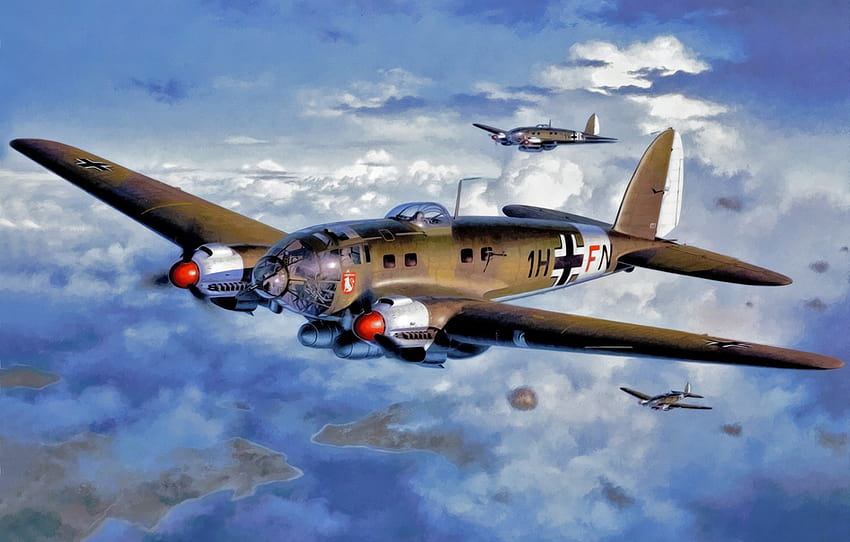 bombardiere, arte, aeroplano, pittura, aviazione, Heinkel He 111, ww2.war , sezione авиация Sfondo HD