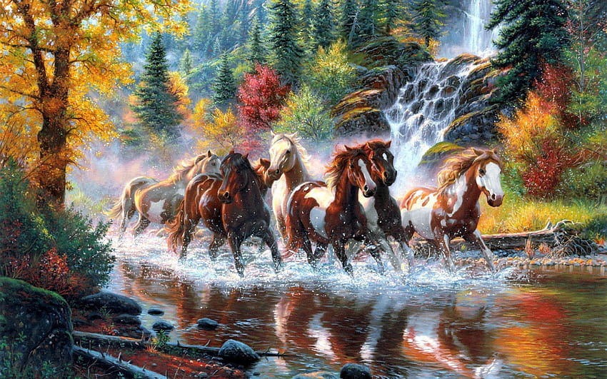 landscape, Nature, Tree, Forest, Woods, River, Horse, Artwork, Painting, Waterfall, Autumn, Country, Wester, Native, American, Indian / and Mobile Backgrounds HD wallpaper