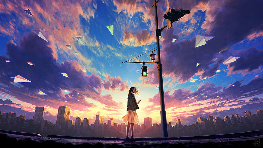Anime-Mädchen-Himmel-Wolken-Sonnenaufgang-Landschaft, Anime-Himmel-Mädchen HD-Hintergrundbild