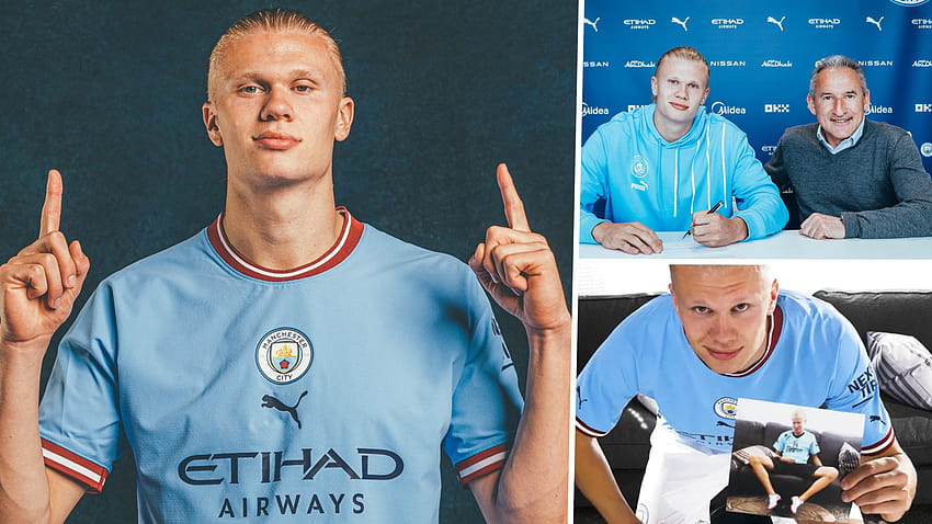 He's finally here! Manchester City unveil £51m new signing Haaland with star in sky blue kit for the first time HD wallpaper
