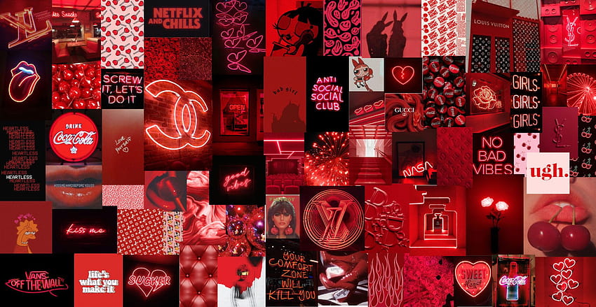 Neon Red Boujee Aesthetic Wall Collage Kit Digital, estética vermelho escuro papel de parede HD