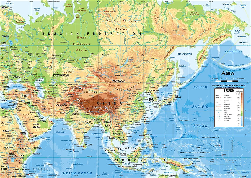 Mappa dell'Asia, mappa fisica Sfondo HD