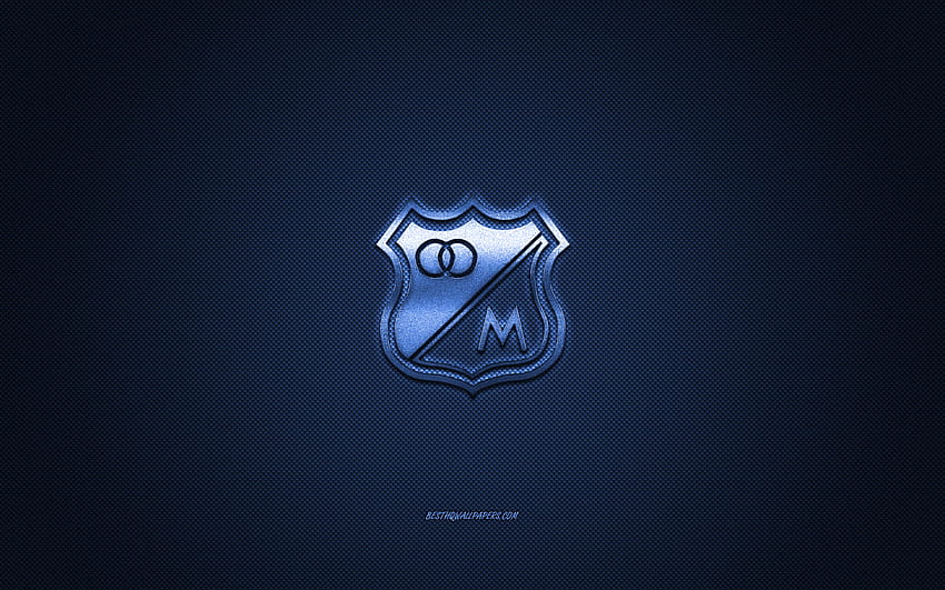 Millonarios FC, kolumbijski klub piłkarski, niebieskie logo, niebieskie tło z włókna węglowego, Categoria Primera A, piłka nożna, Bogota, Kolumbia, logo Millonarios FC o rozdzielczości 2560x1600. Wysoka jakość Tapeta HD