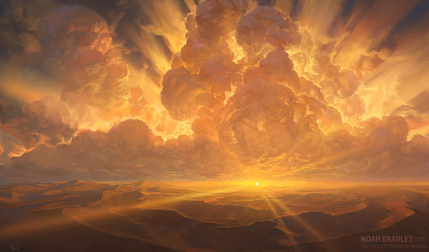 Brown and black abstract painting, Noah Bradley, landscape, sun, sun rays through clouds HD wallpaper