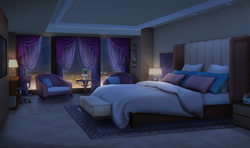 INT。 EURO HOTEL ROOM LIGHTS、美しいアニメのベッドルーム 高画質の壁紙