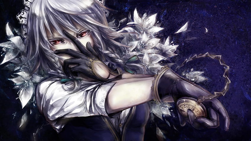 video games, Touhou, gloves, dress, flowers, maids, Izayoi, silver haired anime HD wallpaper video games, Touhou, gloves, dress, flowers, maids, Izayoi, silver haired anime HD wallpaper