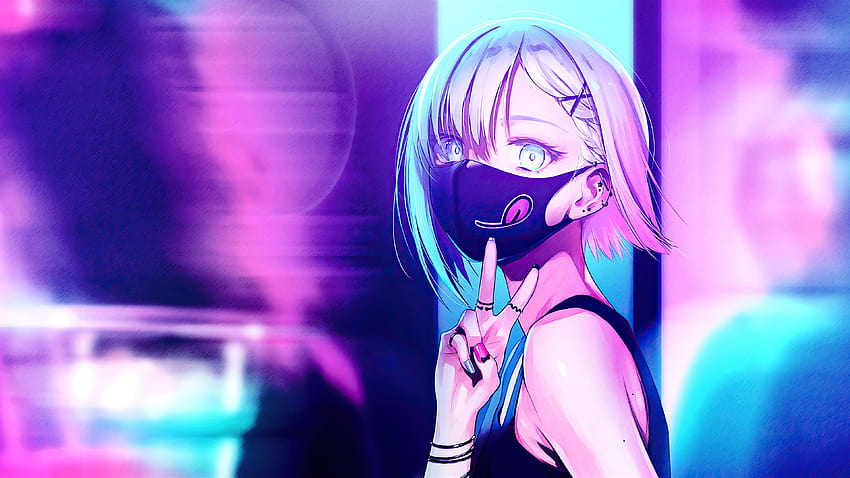 Anime Girl City Lights Neon Gesichtsmaske, Anime, Hintergründe und Neon-Cartoon HD-Hintergrundbild
