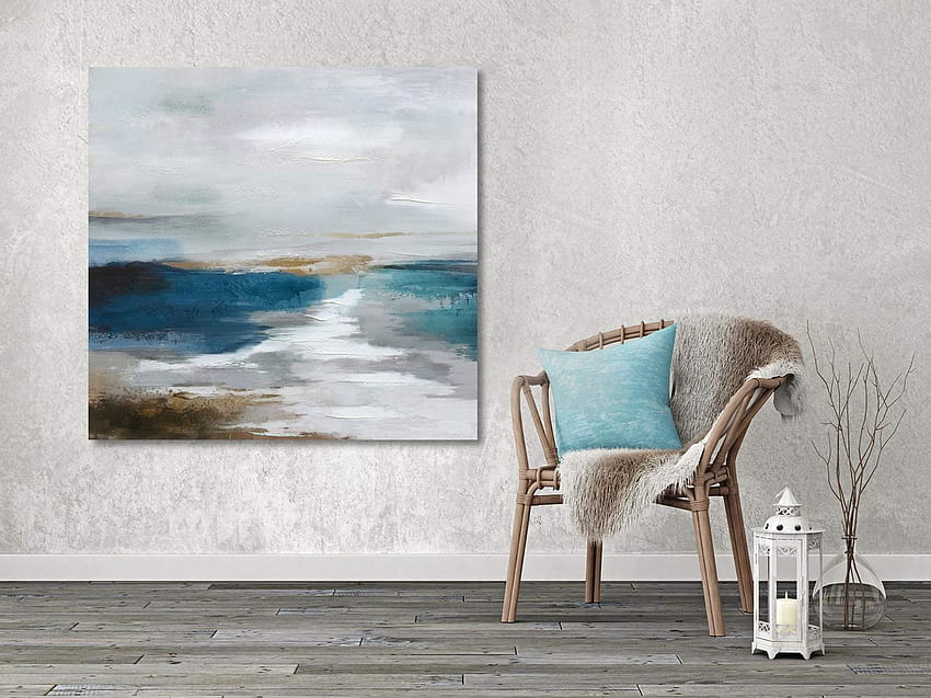 Duże abstrakcyjne wydruki na płótnie Wall Art, niebieski kraj oceanu do salonu, y olejne na plaży przybrzeżnej, ręcznie malowane 3D nowoczesne do domu, rozciągnięte i oprawione gotowe do zawieszenia 36x36 cali: Tapeta HD