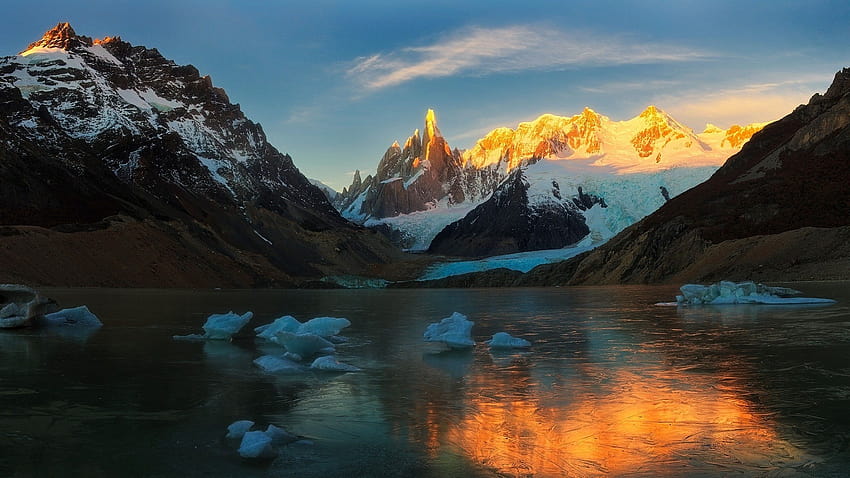 sunrise, Mountain, Lake, Glaciers, Snow, Frost, Ice, Nature, glacial lake HD wallpaper