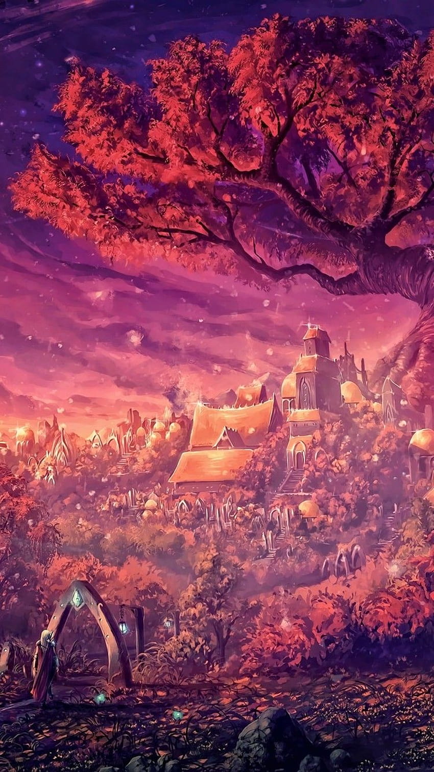 750x1334 Fantasy Landscape, Village, Sacred Tree, Tablets, Magical, Autumn for iPhone 7, iPhone 6, autumn fantasy iphone 11 HD phone wallpaper