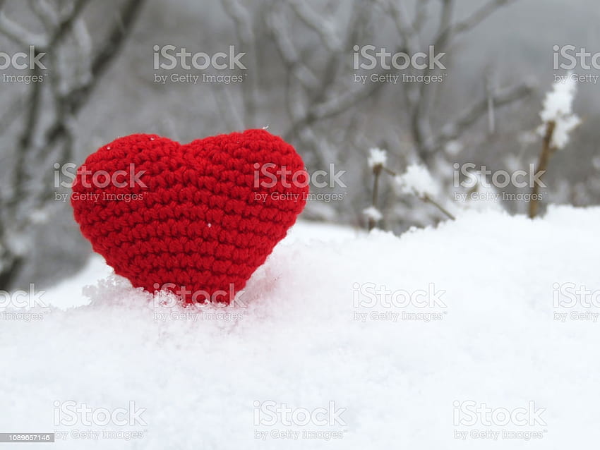 Red Knitted Heart In The Snow On Winter Forest Backgrounds Valentines Day Card Stock HD wallpaper