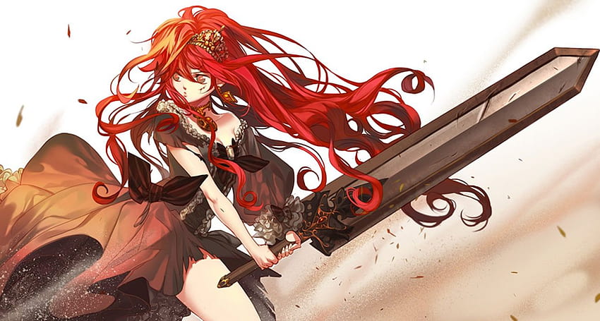 Anime girl beautiful angry brown eyes dragon headdress jewelry long hair red hair royalty sword weapon, anime girl red hair HD wallpaper