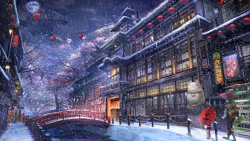 3840x2160 Anime Traditional City, Raining, Snow, Moon, snow anime city HD wallpaper