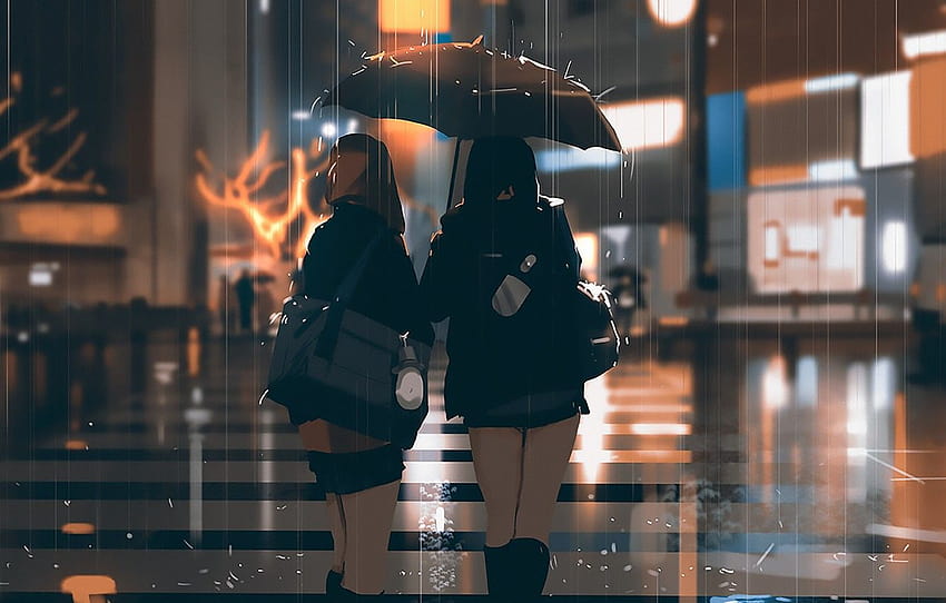 chuva, rua, tarde, Japão, Luzes, Bolsa, Alunas, asfalto molhado, chaveiro, amigos, faixa de pedestre, por trás, sob o guarda-chuva, duas garotas, cidade, seção арт, garotas da rua de trás papel de parede HD