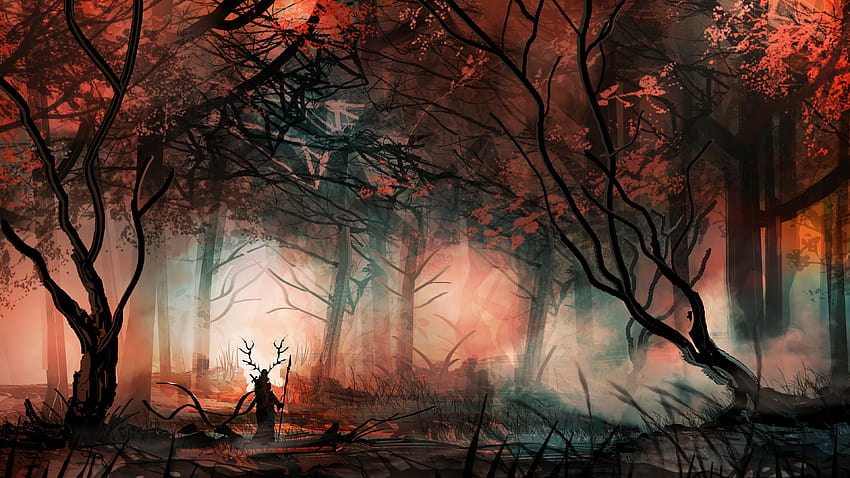 : drzewa, las, Sztuka cyfrowa, fantasy art, zamglenie, bohater, samotność, jesień, ciemność, zrzut ekranu, komputer , zjawisko geologiczne 3840x2160, jesień sztuka cyfrowa Tapeta HD