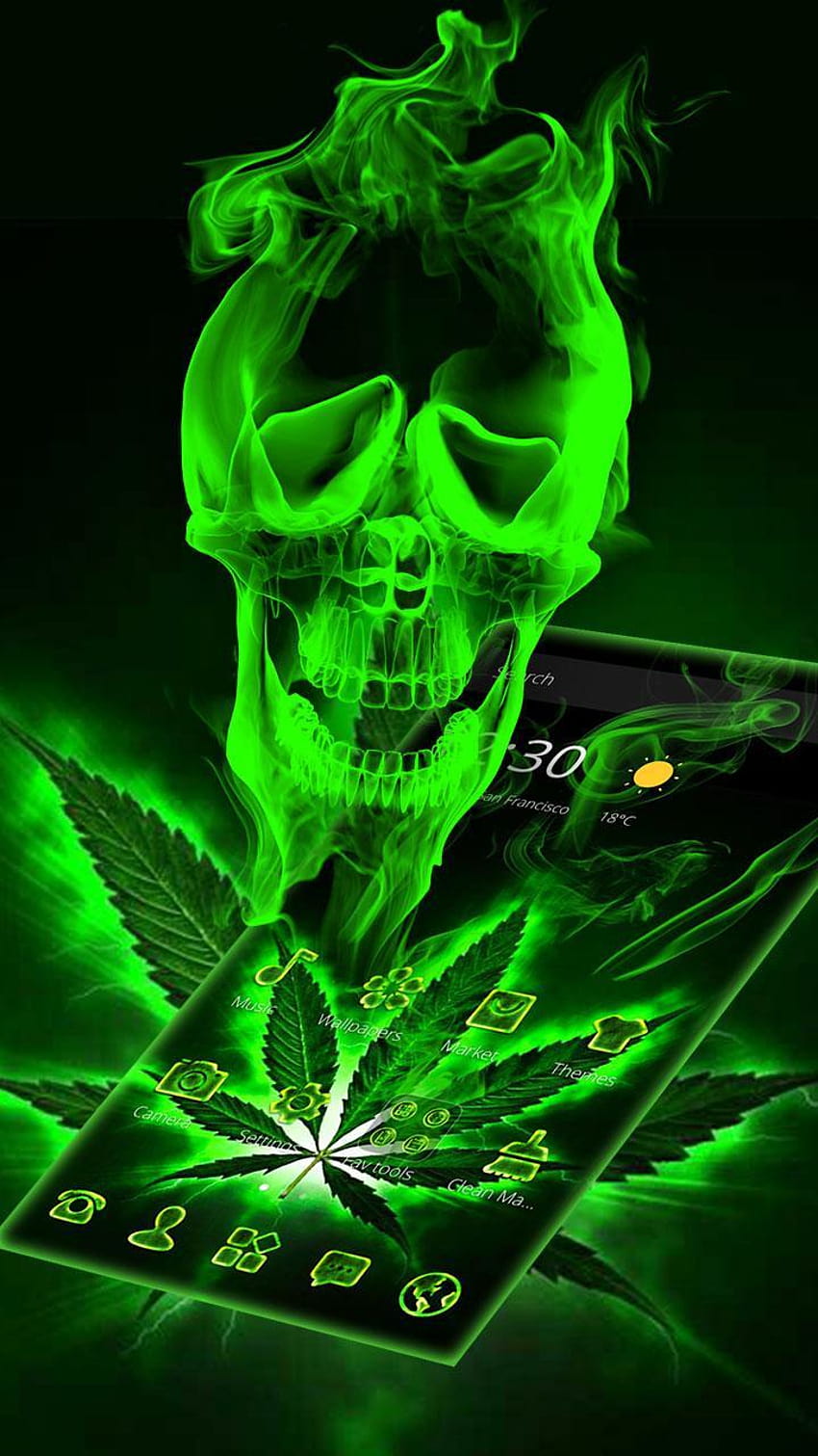Thème de crâne de fumer Weed Rasta Green pour Android Fond d'écran de téléphone HD