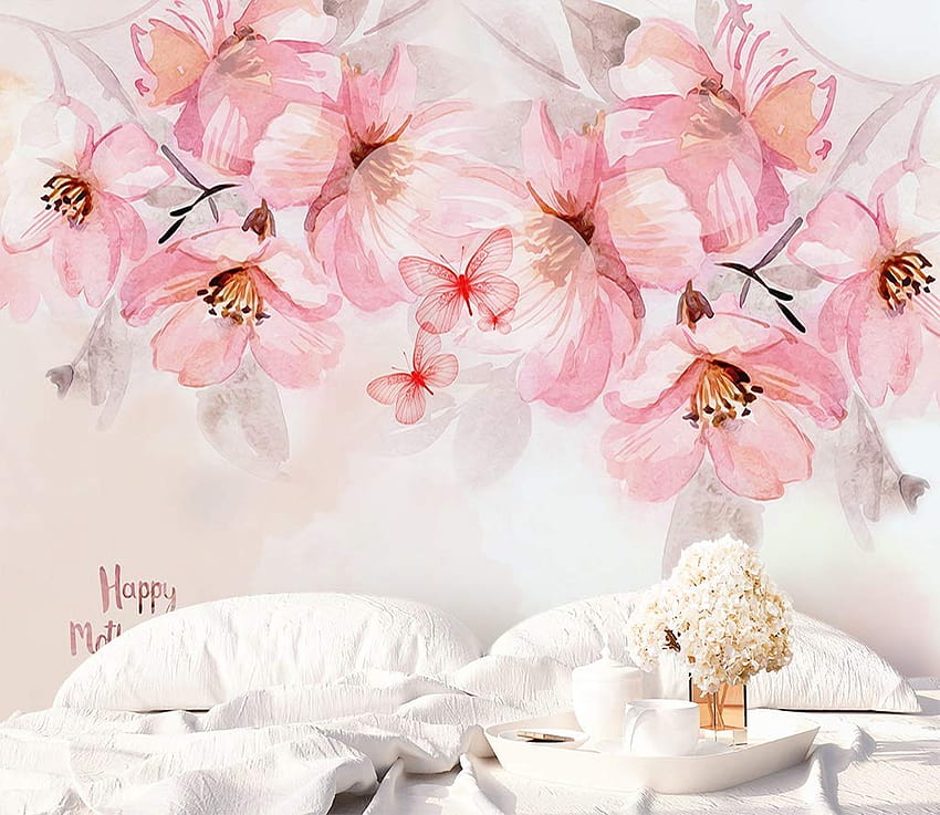 Murwall Boho ดอกไม้ Cherry Blossom จิตรกรรมฝาผนังดอกไม้สีชมพูช่อดอกไม้ผนังพิมพ์ตกแต่งบ้านจีน Cafe Design : สินค้าทำด้วยมือ วอลล์เปเปอร์ HD