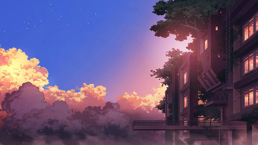Anime-Landschaft, Gebäude, Sonnenuntergang, Wolken, szenisch, Wintersonnenuntergang der Anime-Stadt HD-Hintergrundbild