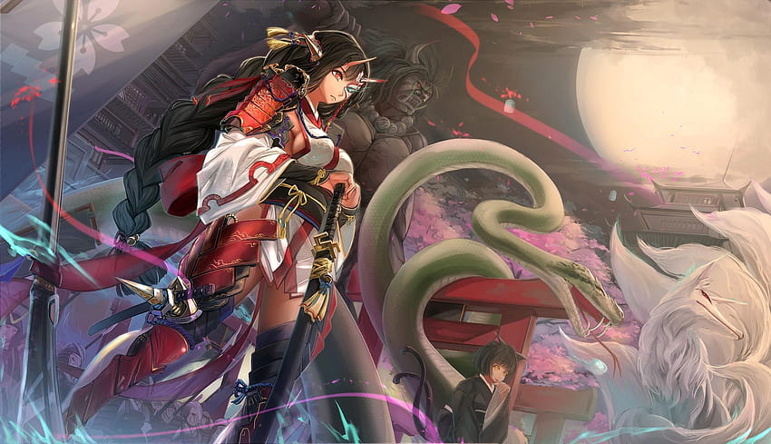 2884581 anime anime girls original characters snake fox samurai, cartoon snake HD wallpaper
