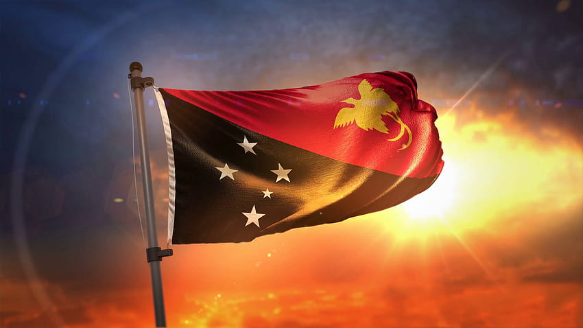 Флаг на Папуа Нова Гвинея със задно осветяване при красив изгрев HD тапет