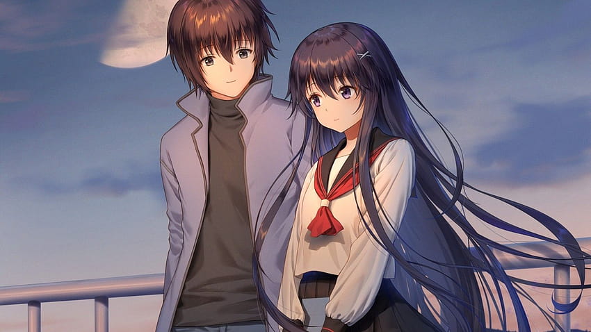 1600x900 Pasangan Anime, Percintaan, Bulan, Seragam Sekolah, pasangan anime sekolah Wallpaper HD