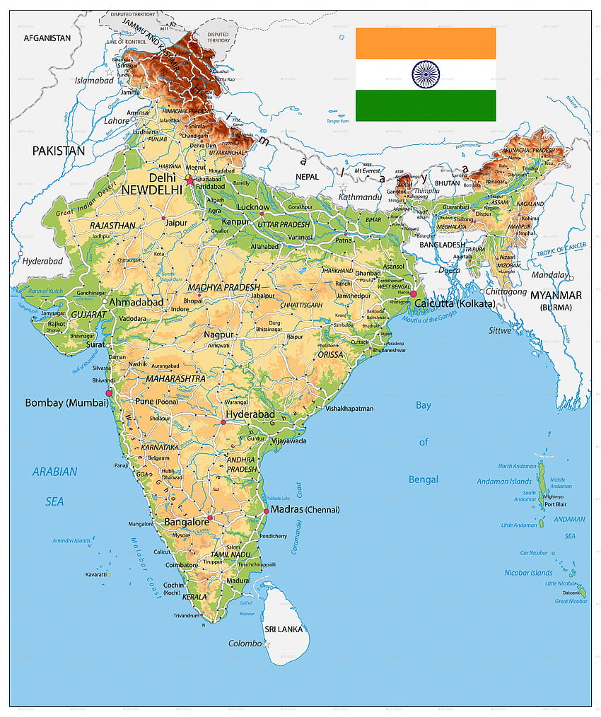 Mapa físico da Índia, mapa da Índia 2021 Papel de parede de celular HD