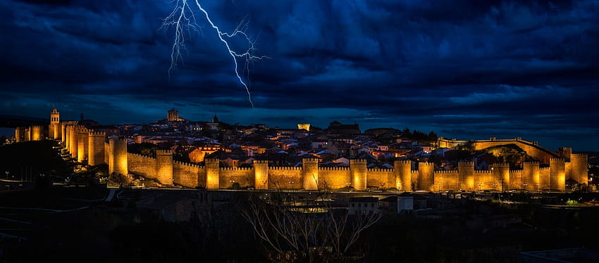 thunderstorm lightning storm night avila city spain sky castile and leon castile HD wallpaper