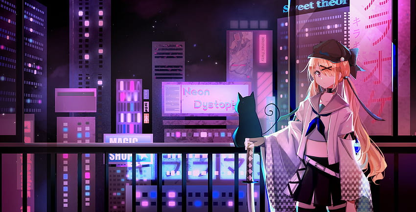: anime girls, blonde, black cats, fence, night, city, neon 1920x980, neon anime cityscape HD wallpaper