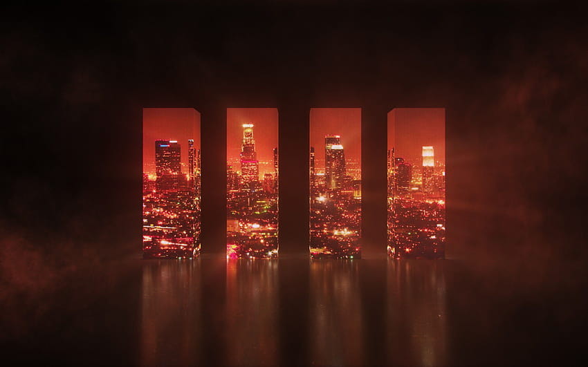 Cubic, Cityscape, Wall, Red, Dark, Reflections, LED, Creative Graphics, red led HD wallpaper