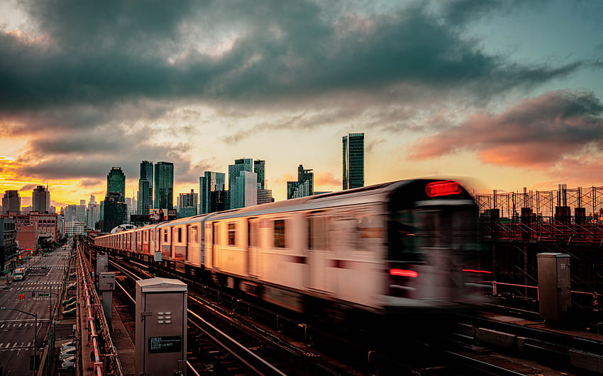 New York, evening, sunset, New York subway, subway train, skyscrapers, modern buildings, USA with resolution 2880x1800. High Quality HD wallpaper