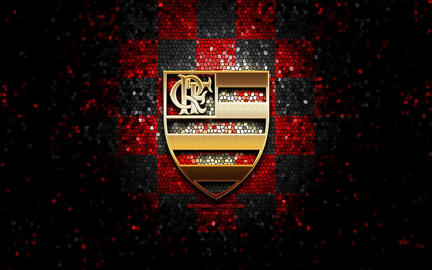 Flamengo FC, 반짝이 로고, Serie A, 빨강 검정 체크 무늬 배경, 축구, CR Flamengo, 브라질 축구 클럽, Flamengo 로고, 모자이크 아트, 축구, 브라질, 해상도 2880x1800의 Flamengo RJ. 하이, 플라멩고 컴퓨터 HD 월페이퍼