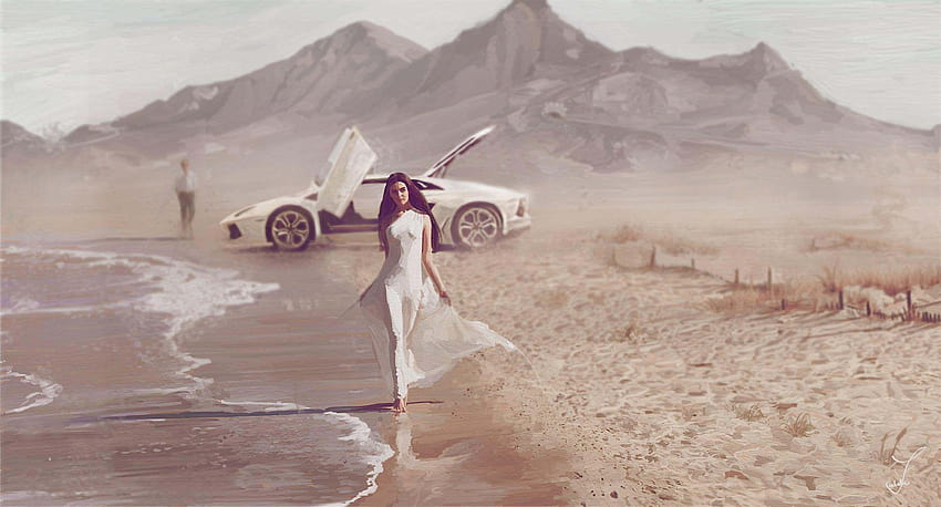 Art sea coast girl car mood beach lamborghini supercar brunette, car in beach HD wallpaper