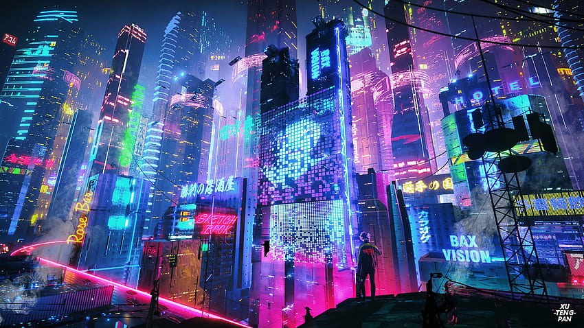 ciudad anime rosa y azul fondo de pantalla