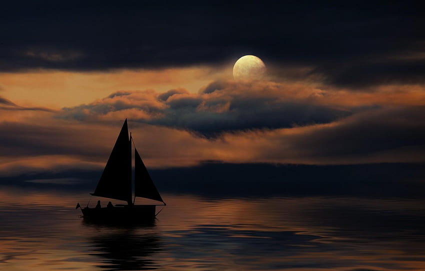 night, the moon, boat , section, moonlight sailing HD wallpaper