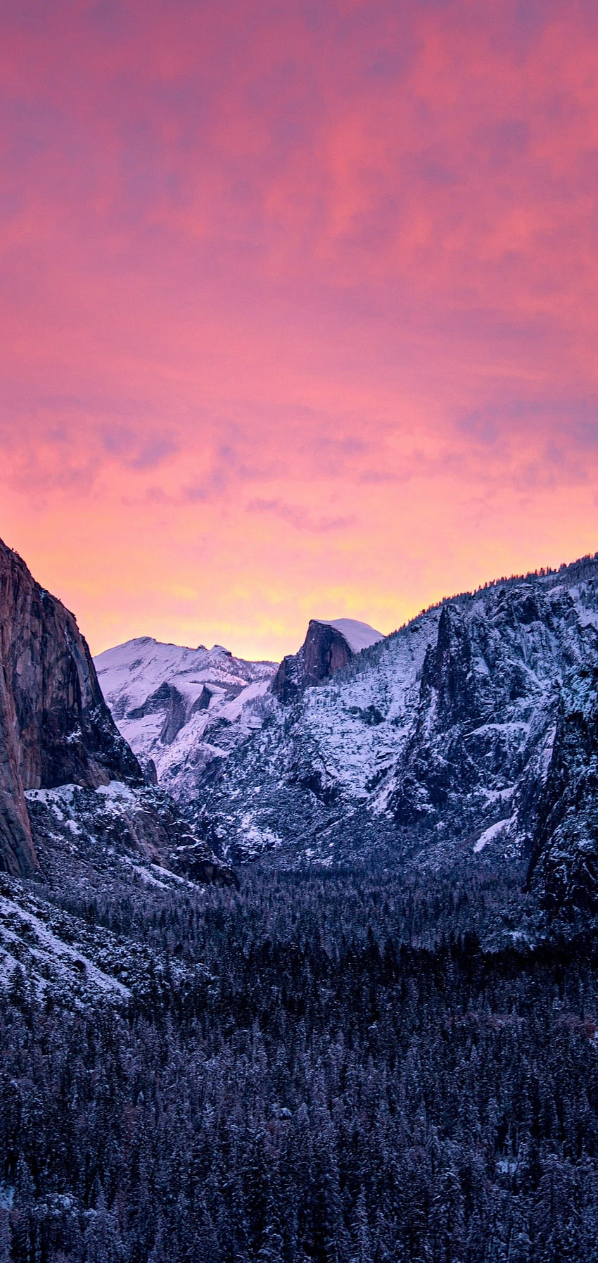 1440x3040 Национален парк Йосемити, залез, планини, сняг, зима за Samsung Galaxy S10 Plus, s10 plus зима HD тапет за телефон
