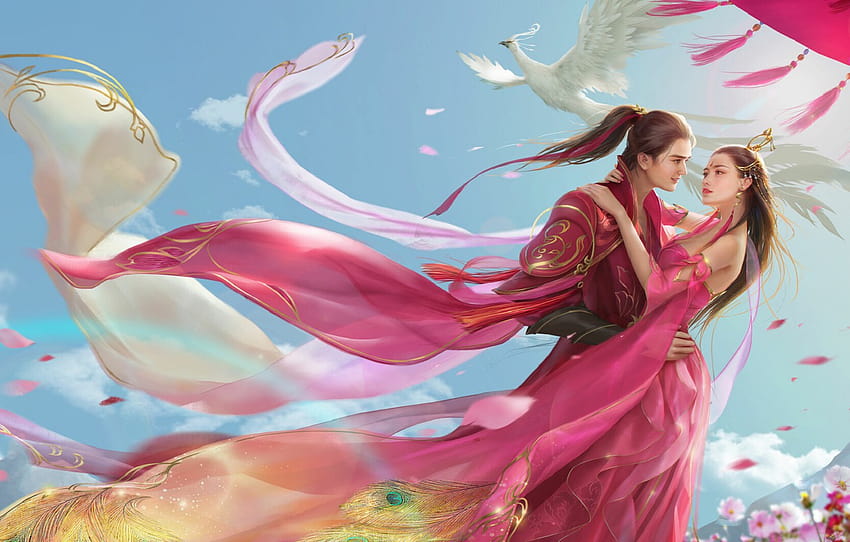 the wind, rainbow, crown, petals, hugs, long hair, blue sky, kosmeya, a couple in love, pink dress, Phoenix, the guy with the girl, Jianyachi L, peacock feathers, Chinese clothing for, chinese couple HD wallpaper