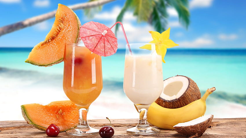 4 Tropical Drinks Border, summer fruit cocktails HD wallpaper