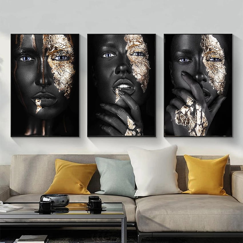 MUTU ศิลปะแอฟริกันสีดำและทองผู้หญิงบนผ้าใบโปสเตอร์และพิมพ์สแกนดิเนเวียน Wall Art สำหรับห้องนั่งเล่น วอลล์เปเปอร์โทรศัพท์ HD