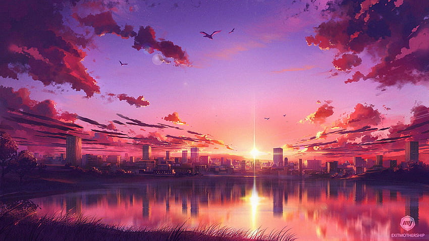 Anime-Sonnenuntergang, Landschaftssonnenunterganganime HD-Hintergrundbild