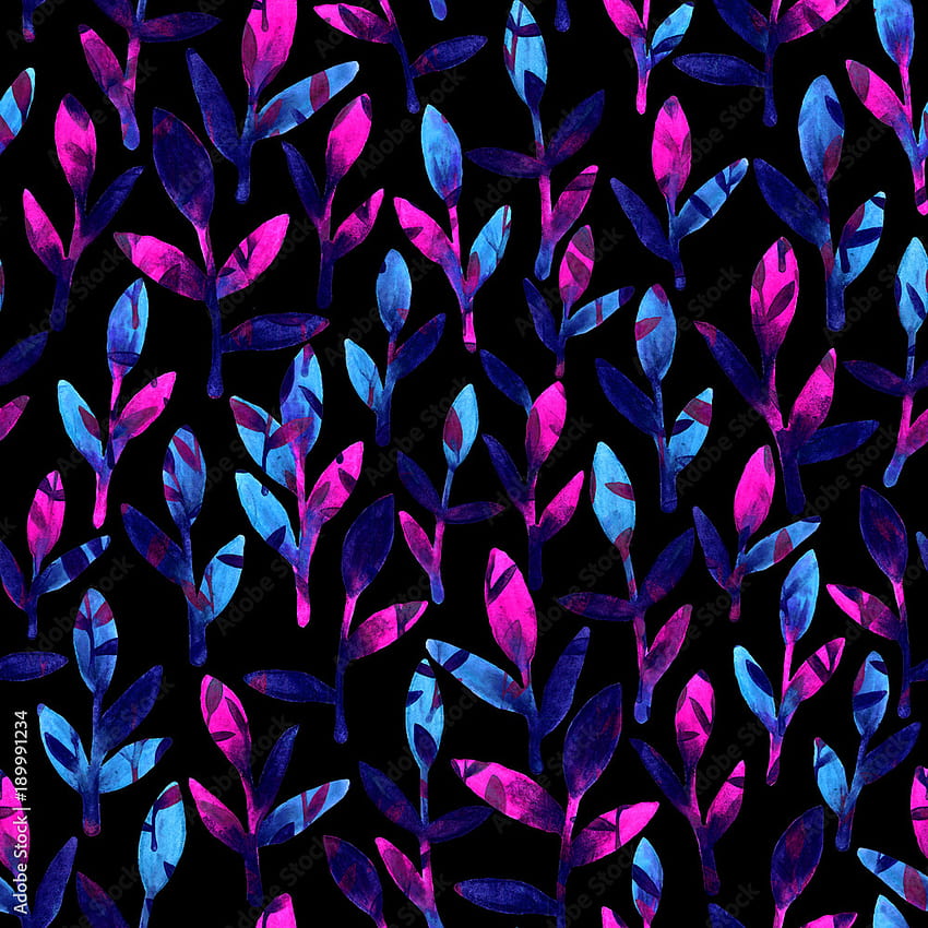 Patrón transparente floral simple y lindo. Hojas de primavera rosas, azules y violetas pintadas a mano con acuarela. Hoja de dibujo de la naturaleza sobre oscuro. Telón de brillante de arte. Pincel de colores hermosos Ilustración de stock, arte de primavera lindo fondo de pantalla del teléfono