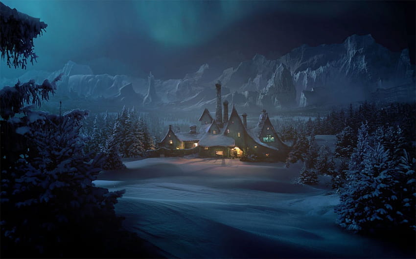 Winter-Fantasie-Natur-Landschaft Breit, Winterdorf-Fantasie HD-Hintergrundbild