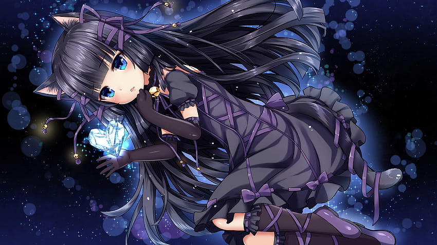 3840x2160 Anime-Katzenmädchen, Lolita, schwarzes Haar, süß, Handschuhe für U-TV, süße Anime-Katze HD-Hintergrundbild